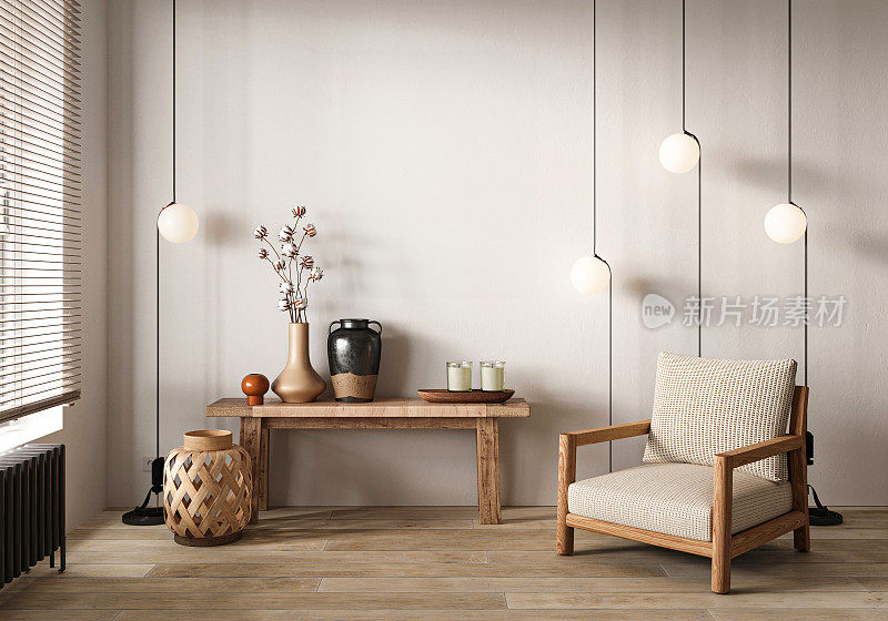 Minimalist entryway with a sleek wooden console, hanging pendant lights, and a cozy armchair in a modern home. 3d render